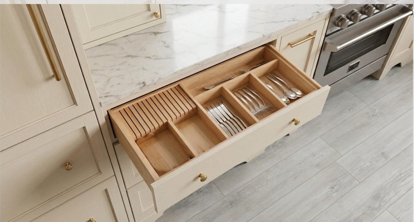 3D render showing the inside of a cutlery drawer with knife block and dividers