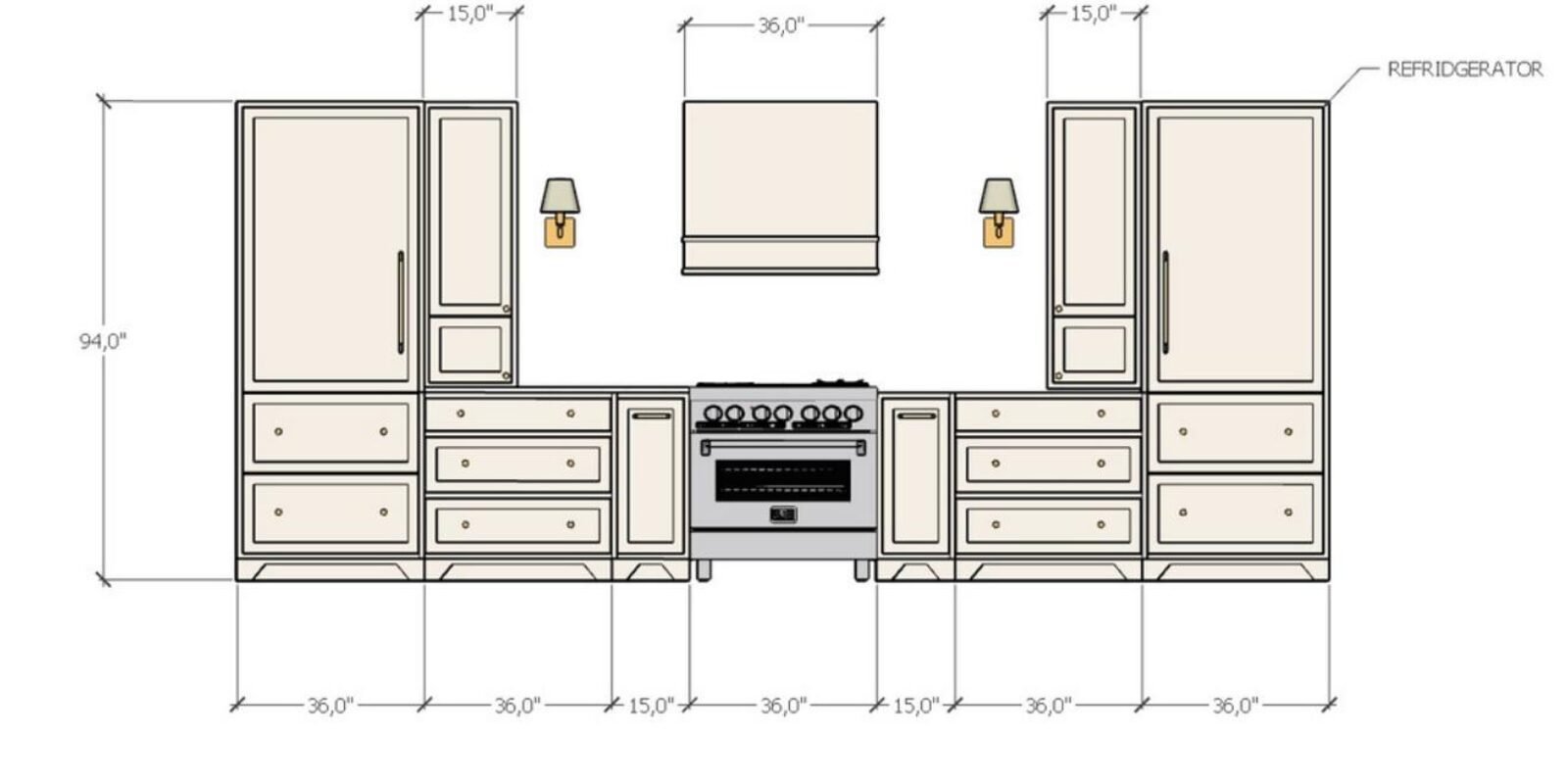 GR Custom Woodwork 3D design elevation with every cabinet measurement noted