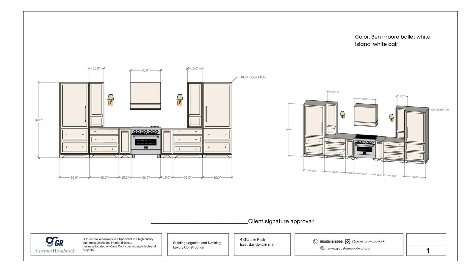 Signed GR design sheet with elevations, dimensions and client approval line