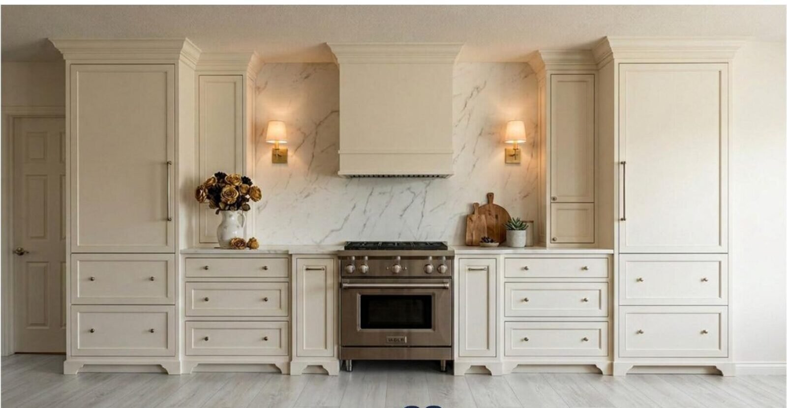 Photorealistic 3D render of the same kitchen wall, in the client's actual room