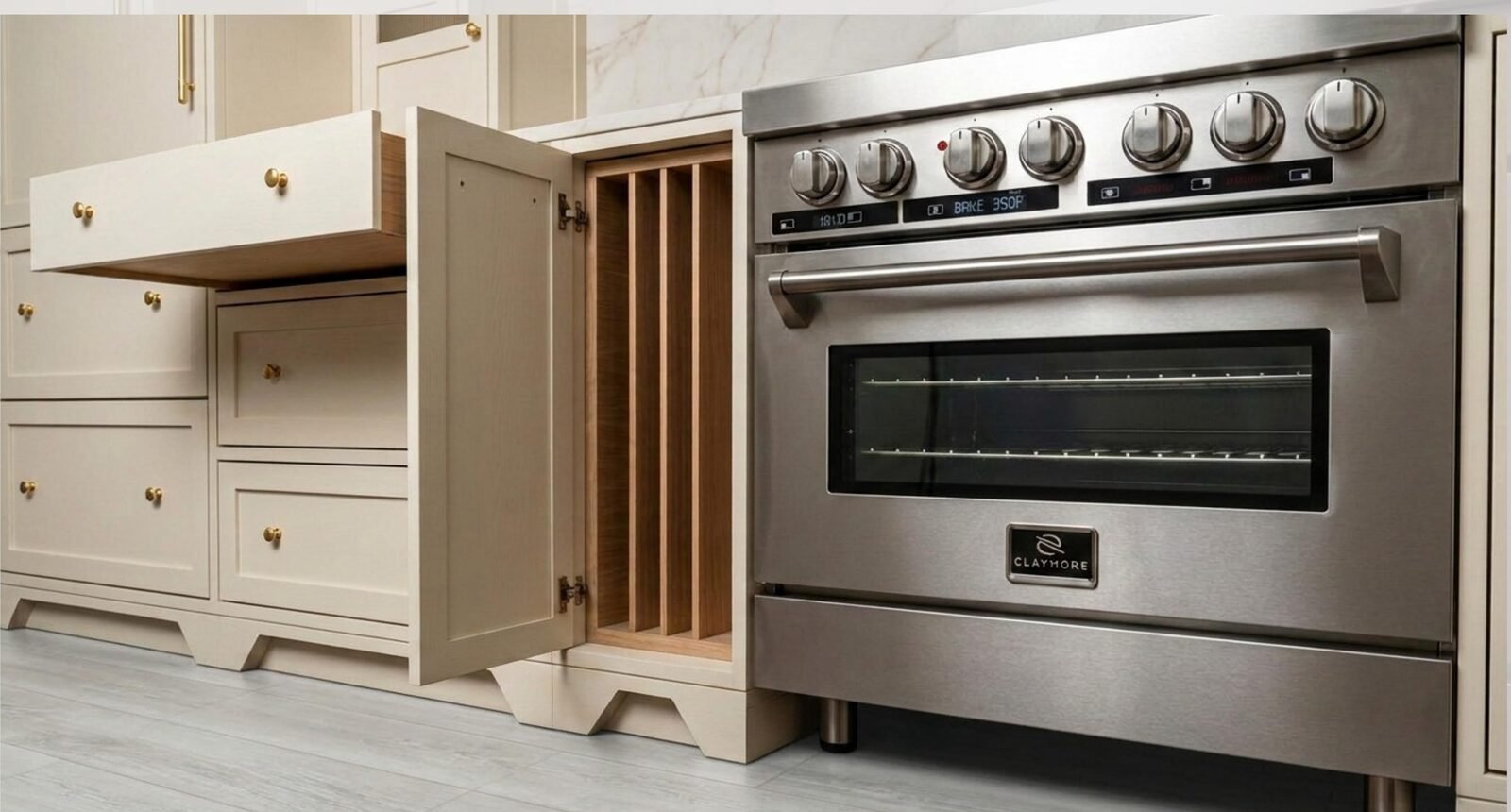 3D render with an open cabinet showing tray dividers next to the range